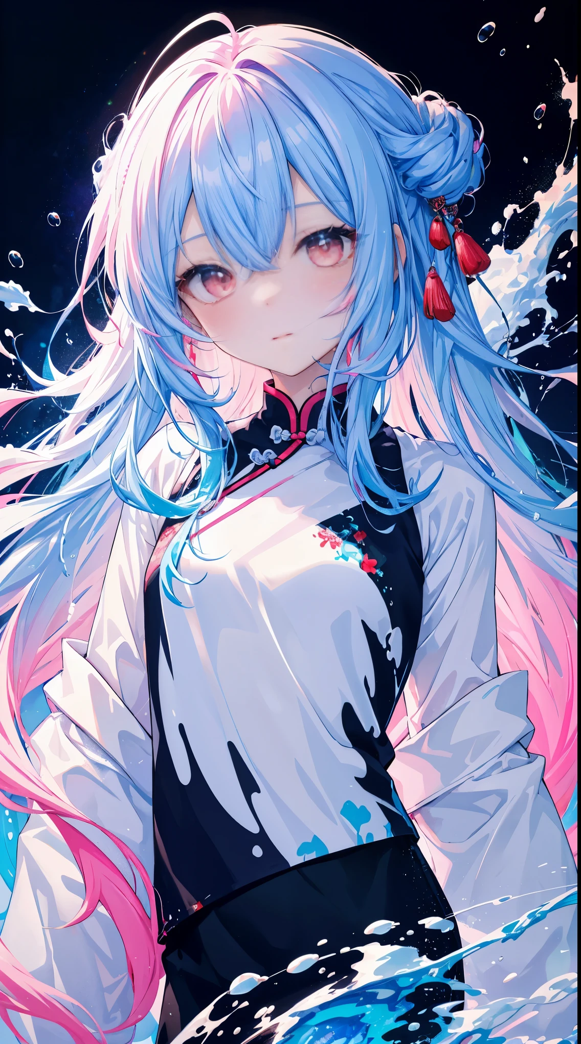 (tmasterpiece, Best quality at best, A high resolution), white backgrounid, Acrylic paints, ((splash of color, Splash ink, splash of color)), Sweet Chinese girl, long light blues hair, [light blues|with pink hair, curlies , glitters, Peach lips, white  shirt, frontage, The upper part of the body