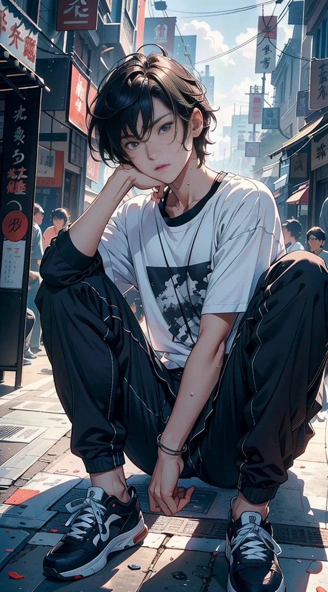 (1man:1.3),20-year-old,muscle,muscle man,(((male gender:1))),
(black hair,Wild Spike Black Saiyan hair),(((red_eyes:1.3))),intricate eyes,big pectorals,((muscle body,perfect anatomy))),(((dirty skin:1.5,lustrous skin:1.5,bright skin: 1.5,skin tanned,shiny skin,very shiny skin,shiny body,plastic glitter skin,exaggerated shiny skin,illuminated skin,wet legs))),(detailed body,toned athletic body),(detailed face)
serious and thoughtful man,(nsfw),
dirt smeared face,(((bare back and chest))),((wet clothes,dirty clothes,torn clothes)),
(dynamic pose:1.0),solo focus,(angry),(centered,scale to fit dimensions,Rule of thirds),
cyberpunk city by the ocean at night, with bright neon signs and dark stormy clouds and puddles, scenery:1.25,nighttime, starry night, cosmos,Very dark night that makes the neon lights stand out, very bright neon lights,nighttime, starry night, cosmos,
artistic photography,(photography taken by sldr),highres, sharp focus,(ultra detailed, extremely detailed), (photorealistic artwork:1.37),(extremely detailed CG unity 8k wallpaper),((synthwave background theme)),(((vibrant colors))),intricate,(intricate background),(masterpiece),(best quality),photo realistic,analog style,((intricate detail)),(((realism))),