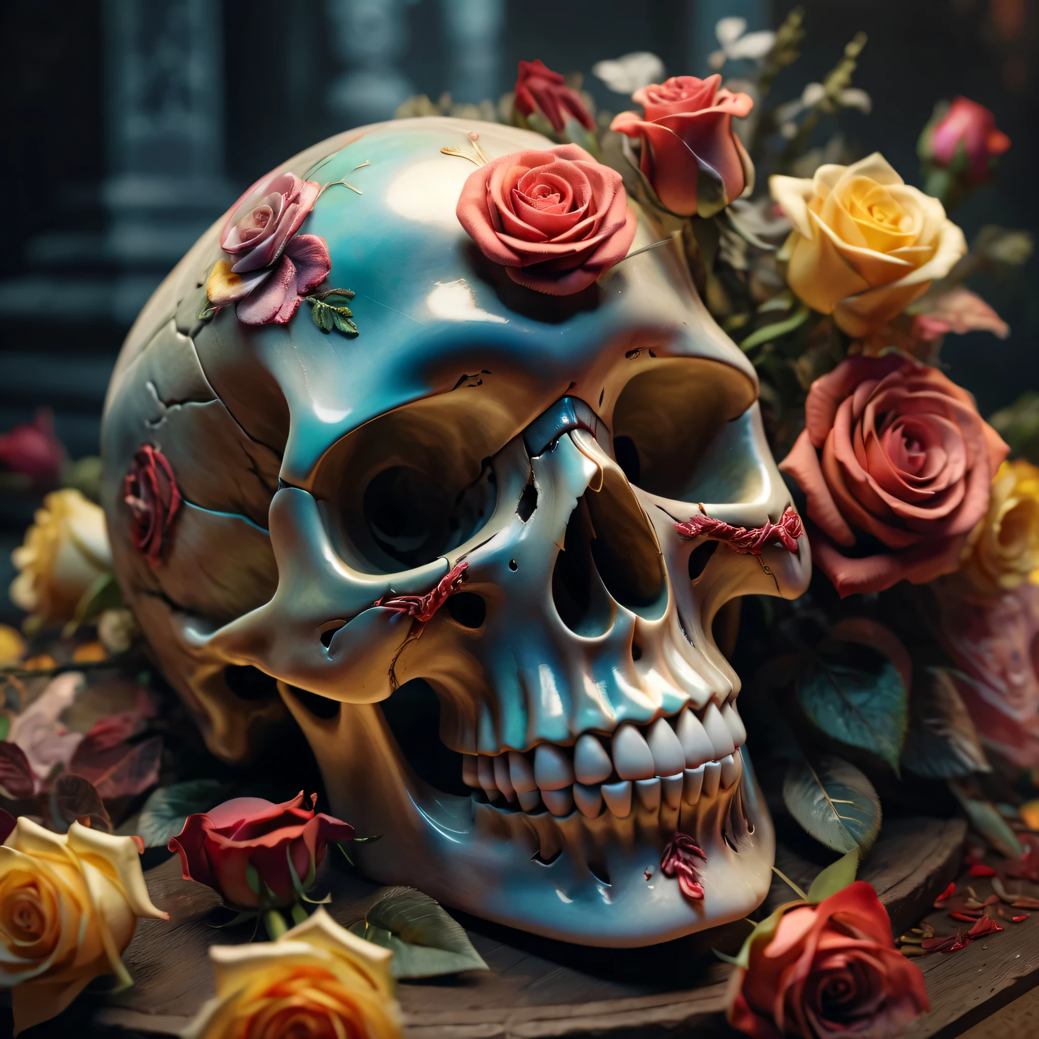 Best Quality,8K,hight resolution,masutepiece:1.2,Ultra-detailed,realistic transparent skull,made of crystal,detailed corpse,bouquet of colorful roses,Grave,Horror-themed,horror festival setting