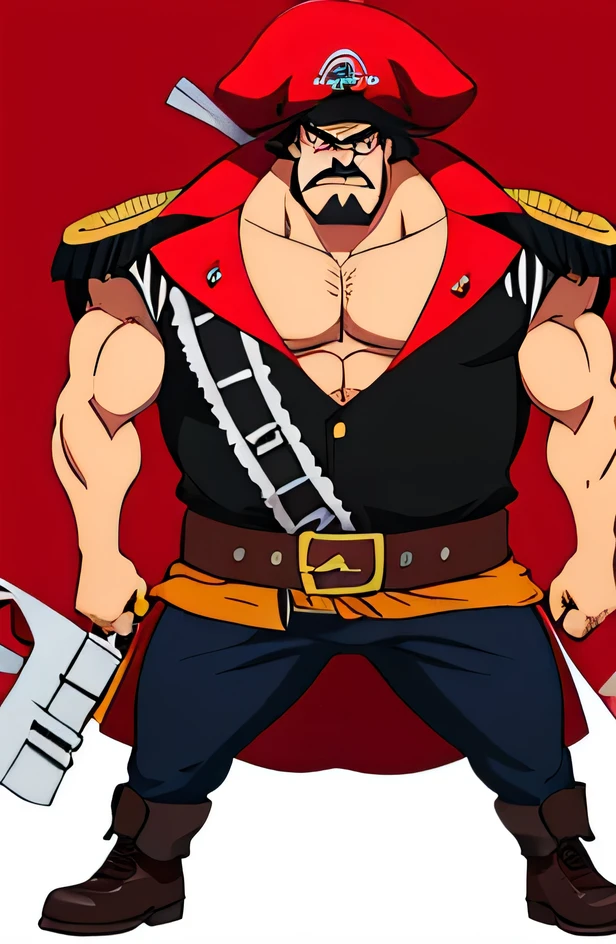 male pirate,detailedfacialfeatures,strong,Confident gaze,garlic nose,thick mustache,sharp cheekbones,With a captain's hat,Intimate shirt, Strong pectorals,Polished Black Beanie Shoering pepper gun,gun handle forward,utility belt,Muscular,The expression is serious,standing with arms crossed,without background