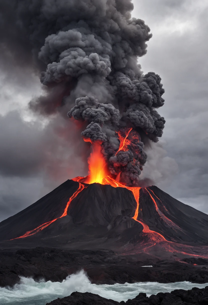 (Best quality,4K,8K,A high resolution,Masterpiece:1.2)。wallpaper hd,The power of nature。(Close-up of volcanic island:volcano exploding,Lava eruption,Smoke rises into the air,Ominous clouds,Red volcanic magma flowing in the fissure,Liquid magma,A large amount of liquid magma)