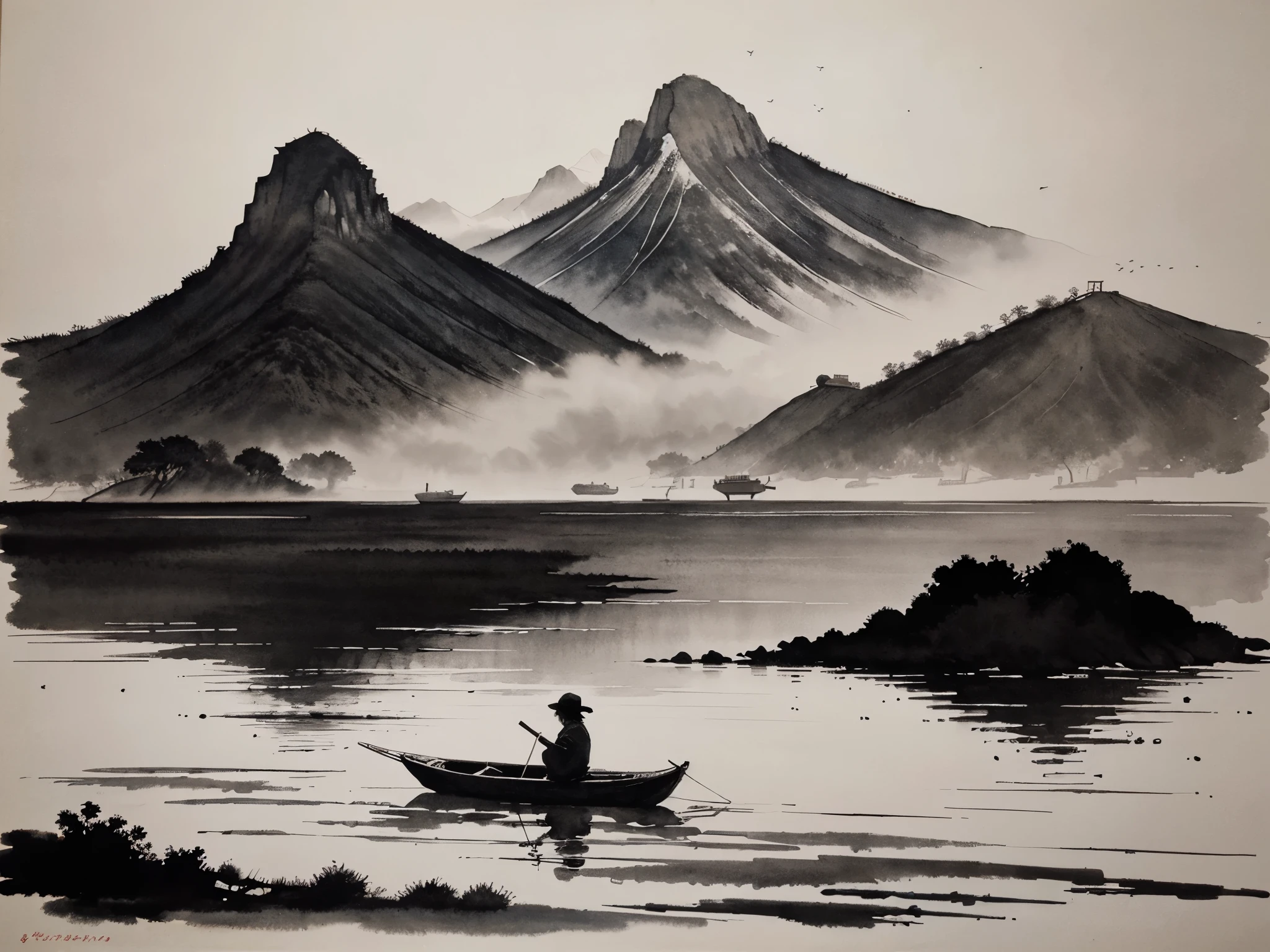 ink and watercolor painting,st.lucian pitons, Draw on rice paper,Use thick and light ink to create light and dark variations and layers,Pick the right ink color,Such as deep black、Thick gray、Light coffee, etc,to express different situations and atmospheres,Control the gradient and transition of ink color by the humidity and consistency of the ink,mont,Eau,the trees,Lake surface,Small broken boat,Bleak, Desolate, Solitude,Black and white tones,dead tree, Traditional Chinese Ink Painting, Traditional Chinese art, author:Guo Xi, author:Ma Yuanyu, Traditional Chinese painting, author:Xu Xi, author:Luo Mu, author:Yang Buzhi, author:Li Kelan, author:Gu An, Ink painting ) ) ) ), Chinese ink painting, Chinese painting style