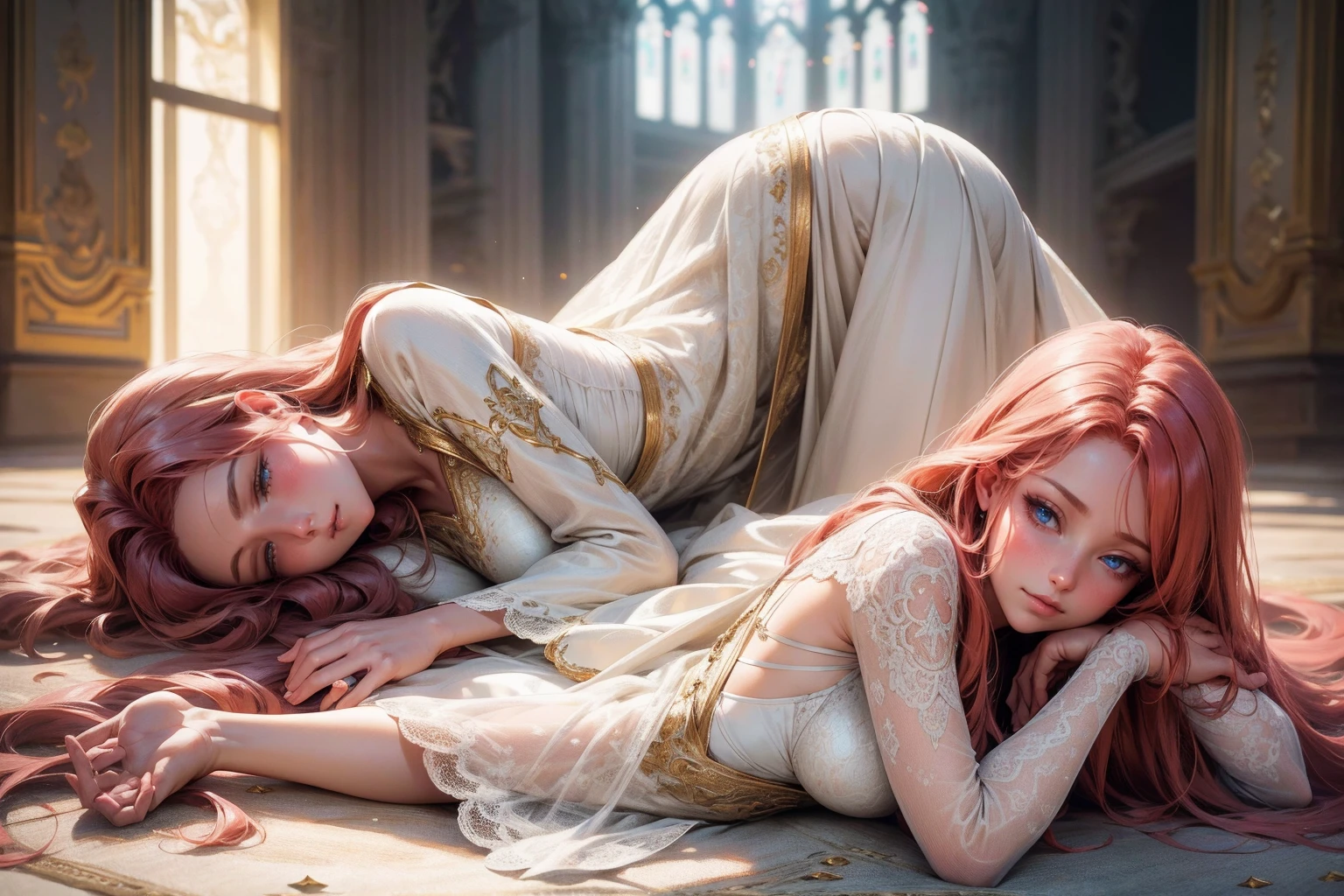 {-erro_de_anatomia:1.0}(best quality,4k,8k,highres,masterpiece:1.2), ultra-detailed, (realistic,photorealistic,photo-realistic:1.37), mature milf, illyasviel von einzbern, redhead hair, full body, vibrant colors, glowing skin, mesmerizing eyes, elegant pose, enchanting background, delicate lace dress, surreal lighting, ethereal atmosphere, mystical aura, intricate details, artistic medium, digital illustration, fantasy, anime, laying on the floor, backwards, looking back