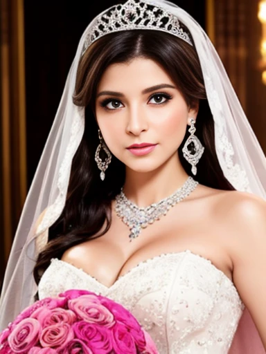 Lebanese lady, earrings, necklace, bracelets, diamonds, 40 years old, strapless wedding dress, tiara and veil, bouquet, western style wedding, bright colors, smokey eyes, red lips, glossy lips, cleavages, small chest, doll lashes, blushing, happy, eyeshadow, smiling