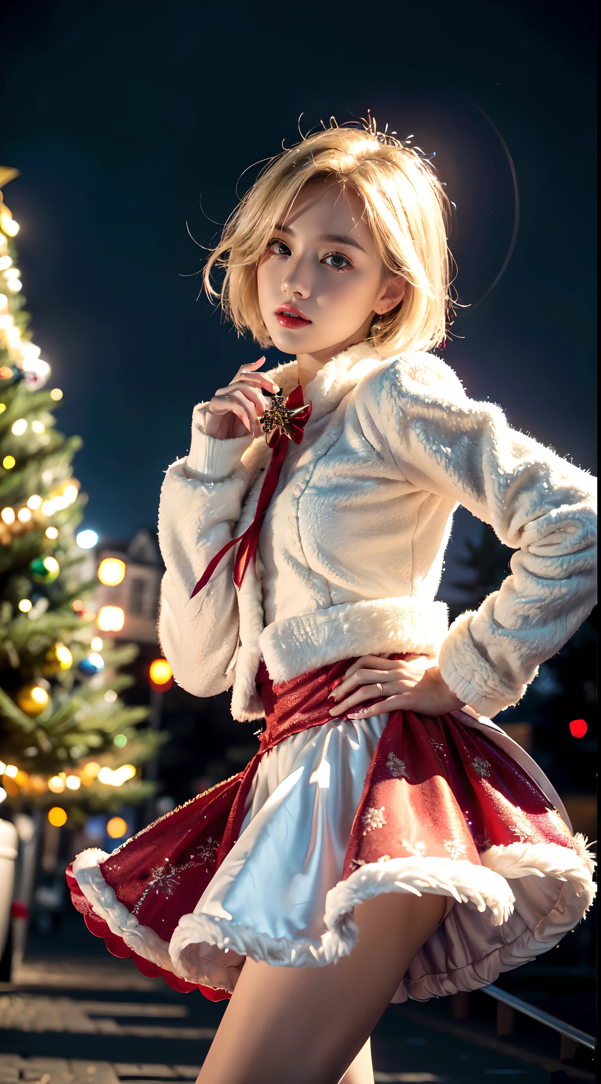 (Ultra-detailed eyes), (((textile shading))), (((Best Quality))), (((masutepiece))), (((Ultra-detailed CG))), sassy girl, (((magical little girl))), (Petite), (tiny chest), blonde hair, blonde hair, blonde hair, pin up emo, ((short hair, short hair, gorgeous hair)), Pink eyes, (((christmas Dress, red and white faux fur trim carduroy jacket, y2k, scallop skirt))), ((striking a pose)), (((Game CG)) (gorgeous, sassy, it girl), fancy jewelry, sparkling sky, Amsterdam Light Festival, christmas vibe, light christmas, christmas tree, strong Amsterdam Light Festival atmosphere, cowboy shot, midshot, centered image, eye on camera, night