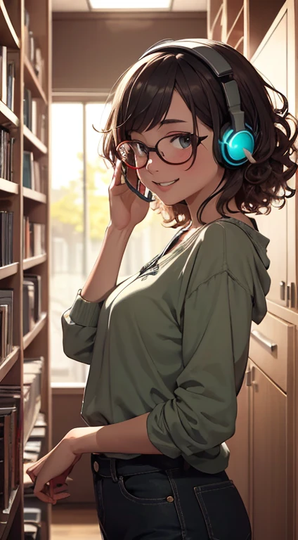 ((best quality)), ((masterpiece)), (detailed), lofi art, a girl with specs and curly hair, wearing headphones, bookshelf in left side, smiling, vibing, red theme, dark, evening or night, more space in left