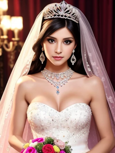 Lebanese lady, earrings, necklace, bracelets, diamonds, 40 years old, strapless wedding dress, tiara and veil, bouquet, western style wedding, bright colors, smokey eyes, pink lips, glossy lips, cleavages, small chest