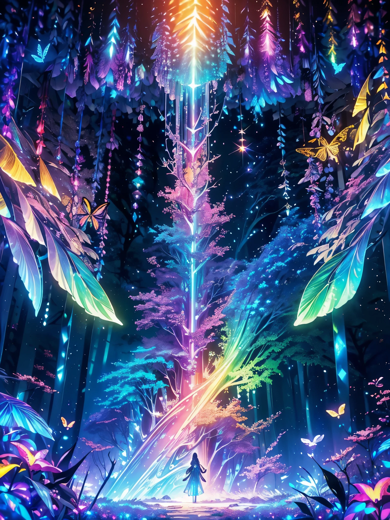 A mystical and enchanted forest, with luminous flowers, neon butterflies, crystal clear water from a waterfall, beautiful trees, (((unique vision with extremely extravagant multi colors))), in the background a mystical illuminated deer, {wallpaper of extremely detailed 16k CG unit}, expansive landscape photography, (a low view focusing on the character and the sky above), (wide open field view), (low angle shot), (high light: 1.4) , (low light: 1.2), (warm light source: 1.6), complex details, (iridescent colors: 1.6), (bright lighting), (atmospheric lighting), dreamy, unique,