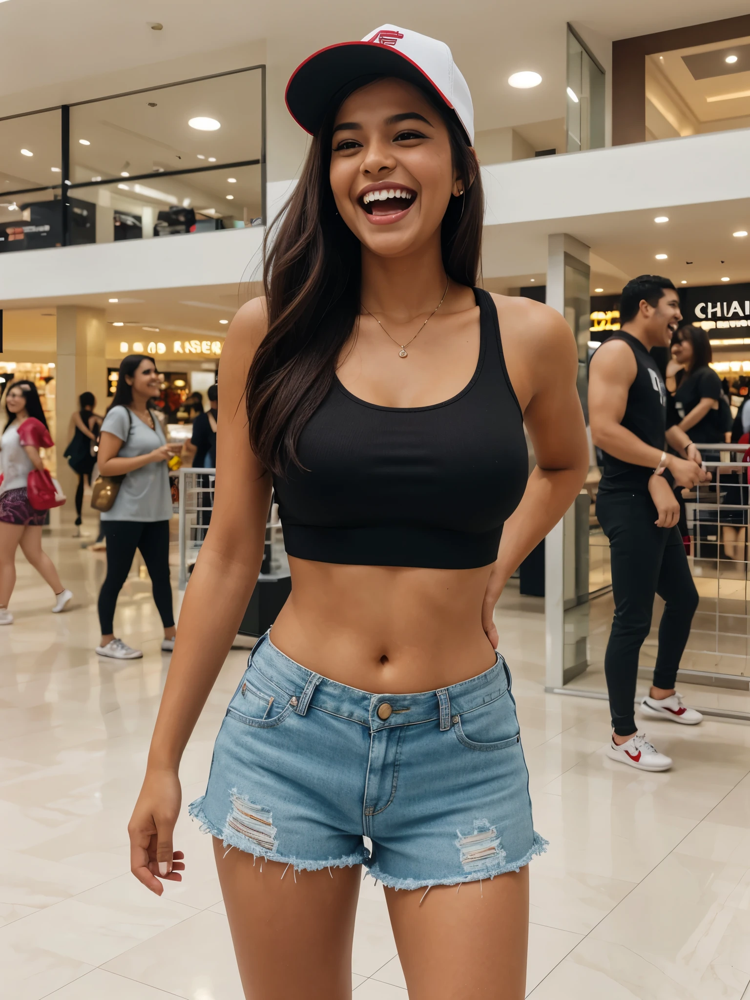 Chubby 20 year old Tamil girl, very much excited, confident and bold, standing inside a crowded shopping mall, wearing a baseball cap, crop top, brown shorts, sports shoes, (laughing out loud:1.6), full body shot from long, brown long hair, round deep navel, intricate detailing of the background, maximize objects in the image, yocto-pixel detailing, yotta-pixel image