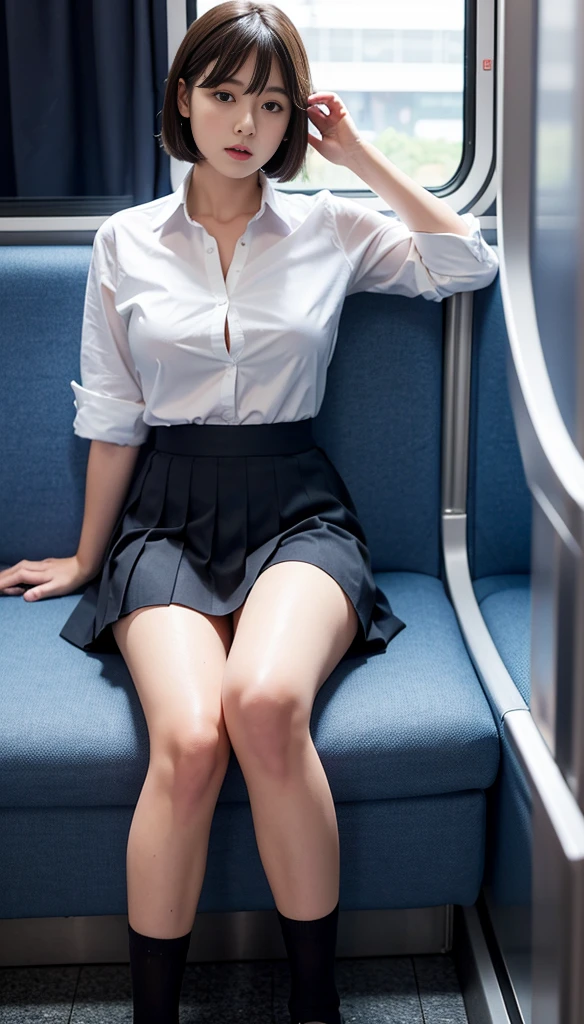 （on the train）,Look at your audience with a smile,（Wearing an office jacket、Wearing panties）,Cleavage,自然なshort hairー,Ultra-realistic,photograph,masterpiece, Highest quality, 8K, Official Art, RAWphotograph, Unbelievably absurd,Amazing beautiful woman,Short sleeve, Gardenia, Viola Lace,Age 25, No makeup, Film Grain, chromatic aberration, Sharp focus, Face Light, Dynamic Lighting, Detailed eyes and face,short hair、White skin、 Background bokeh、