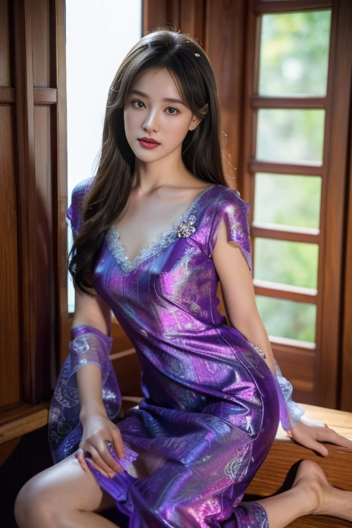 BestWorks,Ultra-high quality work,4K:2.0,Ultra HD,8K HD CG production,High-quality graphics,3D HD CG photos,Ultra-high pixel,Super refined:1.1,technical detail:1.1,Interior lighting effects:1.1,Natural dimming,Light effect,Ultra-high resolution large files,Photos of antique costumes of the Tang Dynasty,Delicate and sexy woman,A mature and sexy woman,Royal sister temperament,European and American feminine characteristics,Mixed-race beauty,Temperamental type goddess,Long silver-white hair,A head of silvery-white hair,Clear strands of hair,Careful hair texture(Premium hair details:1.1)Beautiful and delicate eyebrows and eyelashes,largeeyes,Light red eyes,Sexy red lips,Perfect lip shape,clear skin texture,wetted skin(Advanced facial details:1.1)The face of the flawless goddess,Perfect body shape,Top supermodel,Devilish figure,Cocked buttocks,Small man's waist,Long legs,(Advanced skin details:1.1)Glossy,Intricate damask Hanfu,Purple Hanfu, ((glowing dress:1.5)),Chinese Hanfu,Silk scarf,Tang Dynasty Hanfu(Premium lace detailing:1.1)Bright red,high-heels,stocklings,Wear jewelry,耳Nipple Ring,choker necklace,Bracelet,At the dinner party,fully body photo,Costume art photos,High quality work