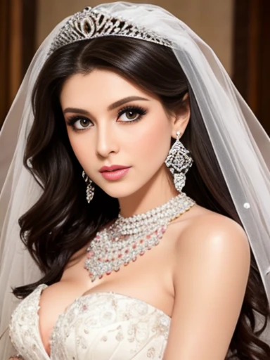 Lebanese lady, earrings, necklace, bracelets, diamonds, 40 years old, strapless wedding dress, tiara and veil, bouquet, western style wedding, bright colors, smokey eyes, pink lips, glossy lips, cleavages, small chest, doll lashes