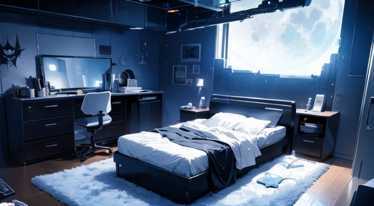Mato Kuroi from black rock shooter on a bed in a bedroom, space, space ship, bed, bedroom, futuristic, moon,