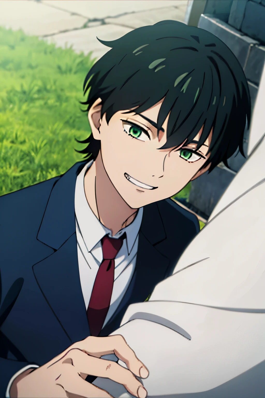 1boy, black hair, green eyes, short haircut, bobcut, bob hair, bangs, grin, blue suit, red tie, long sleeves,