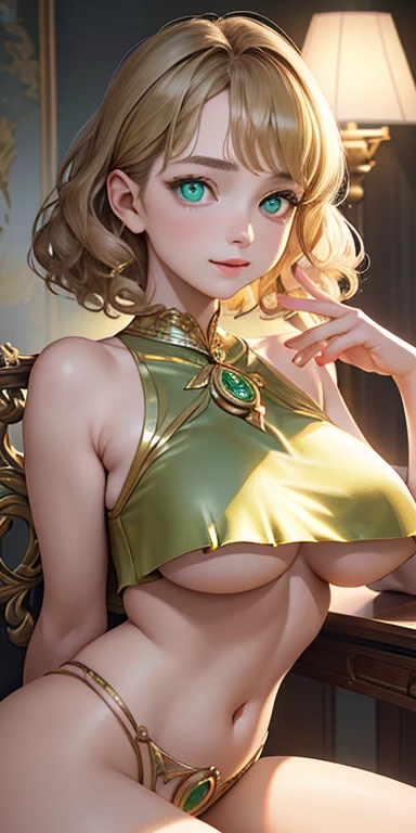 baby face, short gold hair,curly hair,wavy hair, (photorealistic:1.4), (masterpiece, sidelights, exquisite beautiful eyes: 1.5), masterpiece*portrait, realistic, 3D face,kawaii face,front view: 1.5、 (glowing green eyes:1.2),plump face:1.5,(tareme:1.5)、(provocative face:1.5),Rosy Mouth,Slim Body,abs, shiny hair, shiny skin: 1.5、large breasts:1.3,solo,(sit)、(cutout between underboob and crop top)、(charactor focus:1.5、portrait)、upper body,