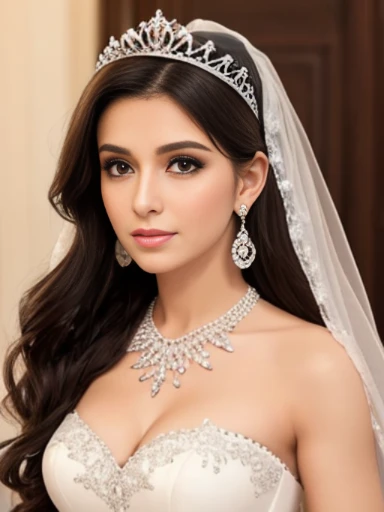 Lebanese lady, earrings, necklace, bracelets, diamonds, 40 years old, strapless wedding dress, tiara and veil, bouquet, western style wedding, bright colors, smokey eyes, pink lips, glossy lips, cleavages, small chest, doll lashes, blushing, happy