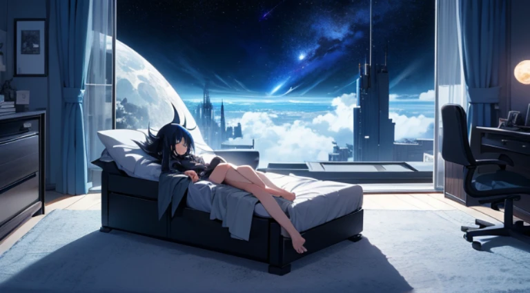 Mato Kuroi from black rock shooter on a bed in a bedroom, space, space ship, bed, bedroom, futuristic, moon,