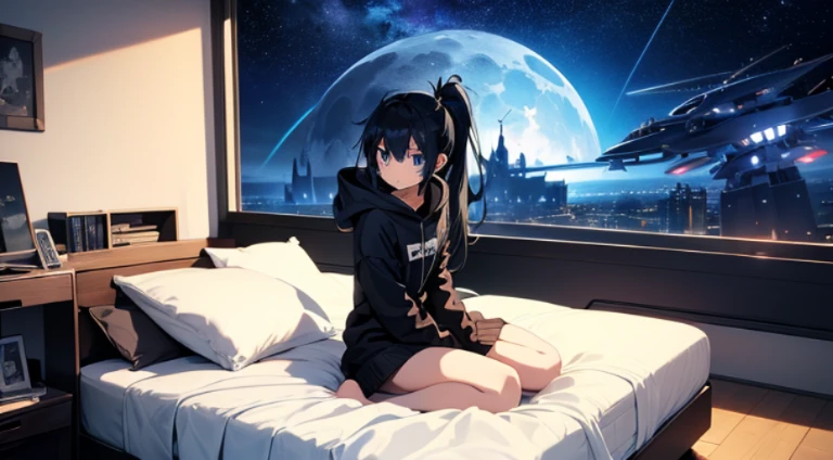 Mato Kuroi from black rock shooter on a bed in a bedroom, space, space ship, bed, bedroom, futuristic, moon,