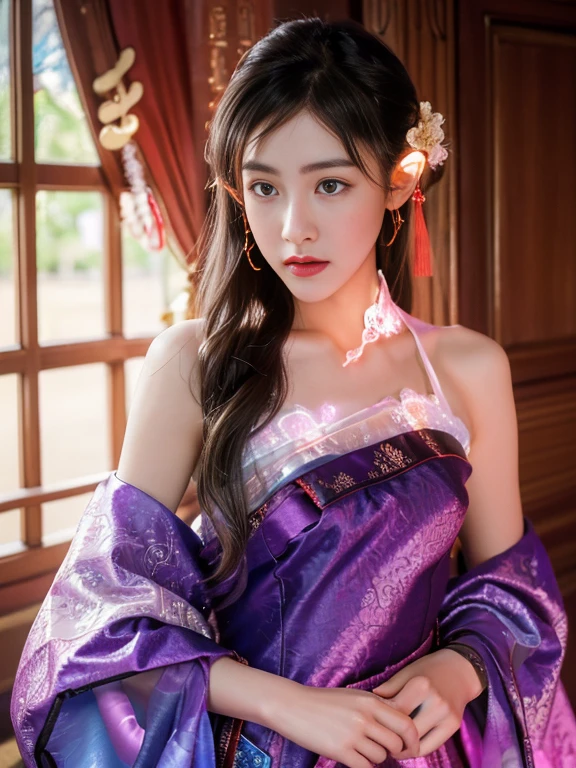 BestWorks，Ultra-high quality work，4K:2.0，Ultra HD，8K HD CG production，High-quality graphics，3D HD CG photos，Ultra-high pixel，Super refined：1.1，technical detail：1.1，Interior lighting effects：1.1，Natural dimming，Light effect，Ultra-high resolution large files，Photos of antique costumes of the Tang Dynasty，Delicate and  woman，A mature and  woman，Royal sister temperament，European and American feminine characteristics，Mixed-race beauty，Temperamental type goddess，Long silver-white hair，A head of silvery-white hair，Clear strands of hair，Careful hair texture（Premium hair details：1.1）Beautiful and delicate eyebrows and eyelashes，largeeyes，Light red eyes，Sexy red lips，Perfect lip shape，clear skin texture，wetted skin（Advanced facial details：1.1）The face of the flawless goddess，Perfect body shape，Top supermodel，Devilish figure，Cocked buttocks，Small man's waist，Long legs，（Advanced skin details：1.1）Glossy，Intricate damask Hanfu，Purple Hanfu, ((glowing dress:1.5))，Chinese Hanfu，Silk scarf，Tang Dynasty Hanfu（Premium lace detailing：1.1）Bright red，high-heels，stocklings，Wear jewelry，耳 Ring，choker necklace，Bracelet，At the dinner party，fully body photo，Costume art photos，High quality work