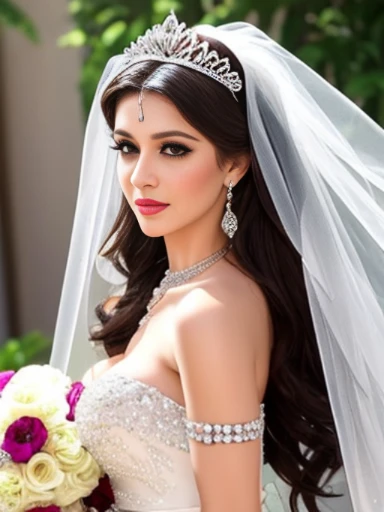 Lebanese lady, earrings, necklace, bracelets, diamonds, 40 years old, strapless wedding dress, tiara and veil, bouquet, western style wedding, bright colors, smokey eyes, red lips, glossy lips, cleavages, small chest, doll lashes, blushing, happy, eyeshadow