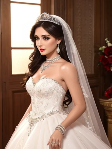 Lebanese lady, earrings, necklace, bracelets, diamonds, 40 years old, strapless wedding dress, tiara and veil, bouquet, western style wedding, bright colors, smokey eyes, red lips, glossy lips, cleavages, small chest, doll lashes, blushing, happy, eyeshadow