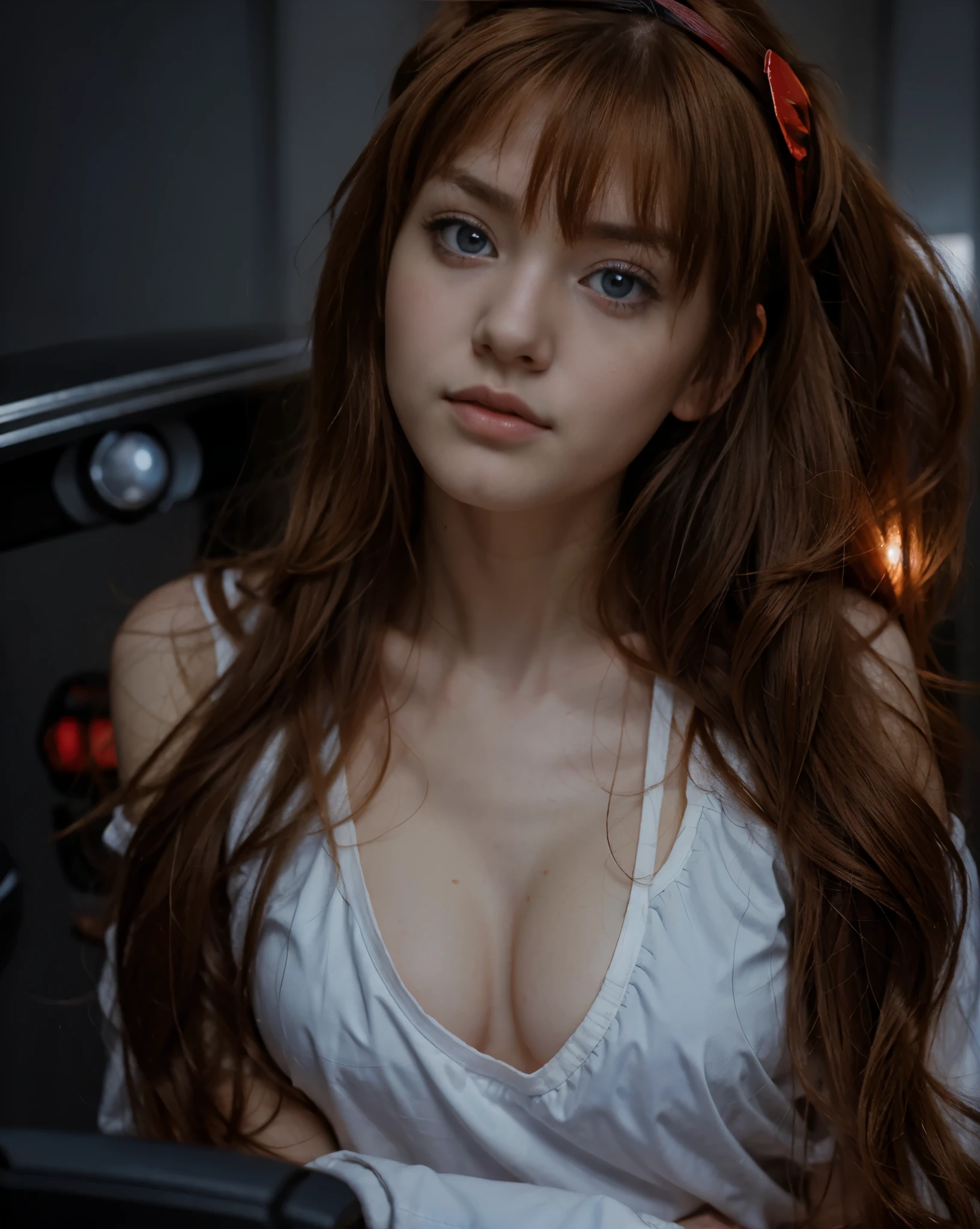 (best quality), high resolution, Asuka Langley Soryu, Beautiful Pretty Mixed German Babe, ((Beautiful face)), sexy lips, extreme Gingers Twin tails headband long Hair, intense gaze, dark blue detailed beautiful eyes, combine realism and anime influence, sexy casual, plain face, selfie, red color palette