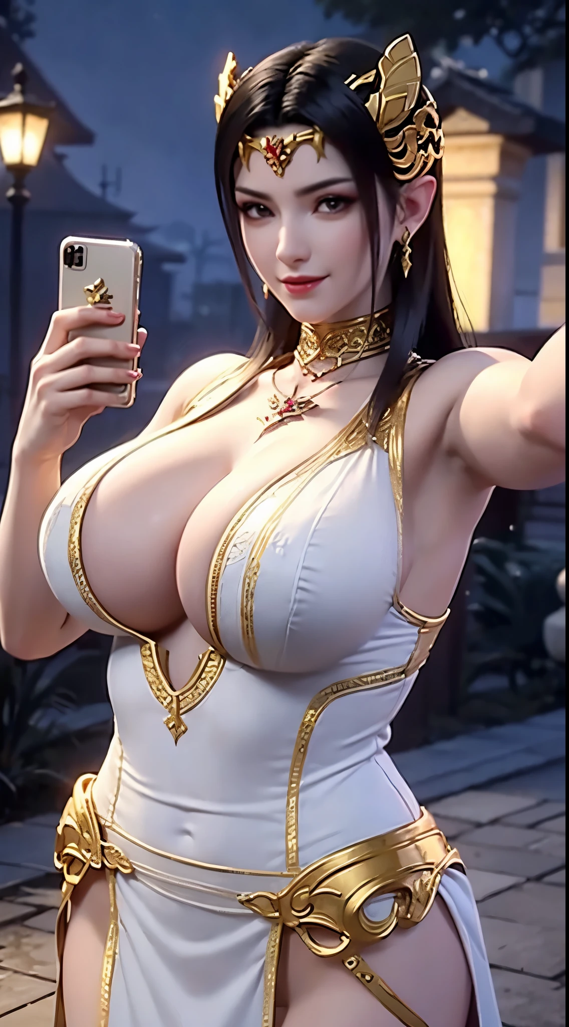 Hair ornament, forehead jewel, big boobs, massive boobs, night outdoor, armpit, selfie, pubic hair, smile, white dress, selfie, grab handphone,