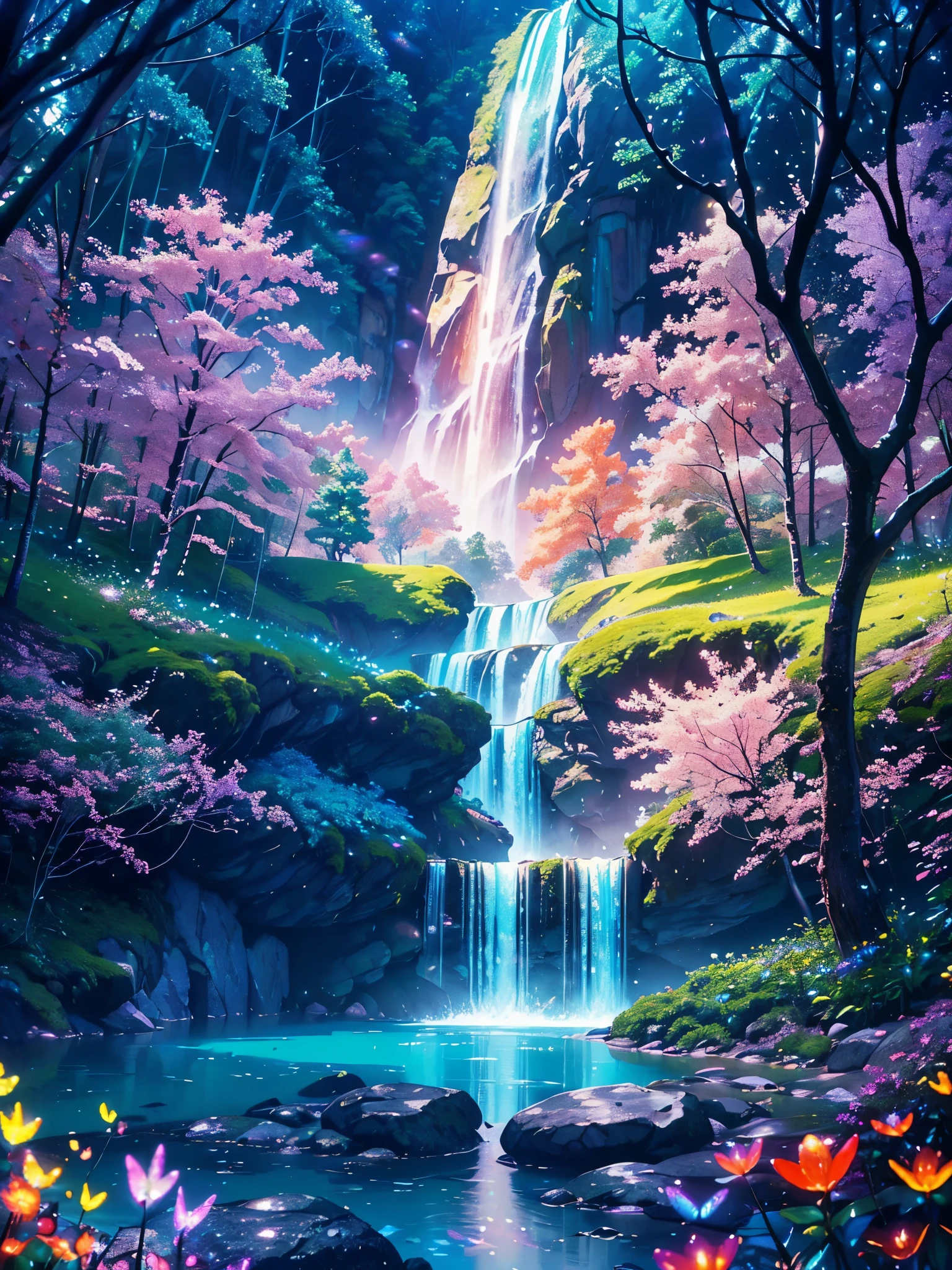 A waterfall in the middle of a forest with flowers and trees - SeaArt AI