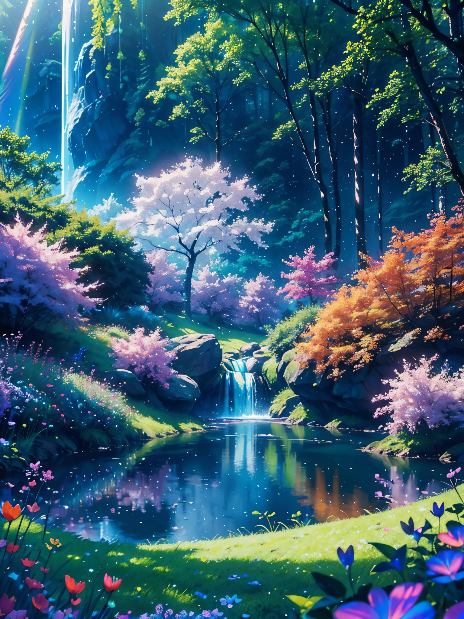 A mystical and enchanted forest, with luminous flowers, multicolored neon butterflies, crystal clear water that flows from a waterfall, beautiful trees, (((unique view with extremely vivid multicolors without any people))), in the background of the scene a mystical elk , {extremely detailed 16k CG unit wallpaper}, expansive landscape photography, (a low angle view focusing on the character and the sky above), (wide open field view), (low angle shot), ( high light: 1.4), (low light: 1.2), (warm light source: 1.6), complex details, (iridescent colors: 1.6), (bright lighting), (atmospheric lighting), Dreamy, unique, no people, reflections perfect