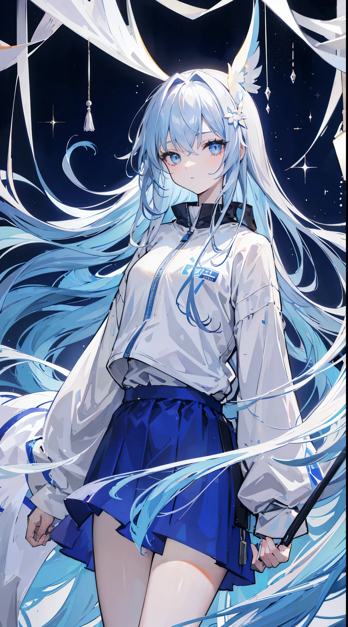 Light blue jagged hair,The hair curtain is very long,The hair curtain covers one eye,Hair slightly upward,With gray eyes,Eyes sparkle,Girl of medium build,There is a flower on the head,sunset over empty countryside,Holding a lit fireworks stick in his hand,He is wearing a white tracksuit,black cape skirt,I look lonely and lonely,The atmosphere is desolate,cold shades,He lowered his head