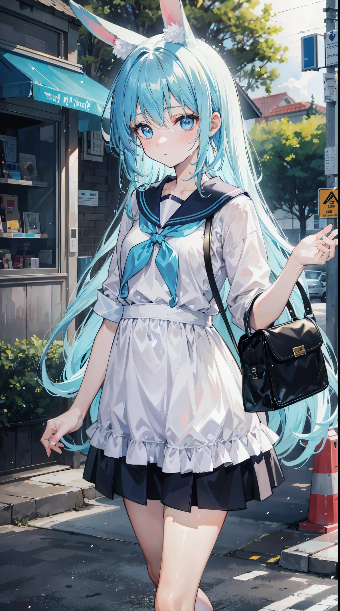 On a table,Best quality,ultra - detailed,two hands,Two legs,five fingers,best faces,1 girl,light blue long hair,timid,bunny ears,light blue eyes, Height 145 cm,small tit,bunny tail,a ,timid,a sailor suit,whitet-shirt,a black skirt,White socks,Holding a bag in his hand,The clothes are soaked with sweat,exhausted face,schools,walking down a road,Heat waves