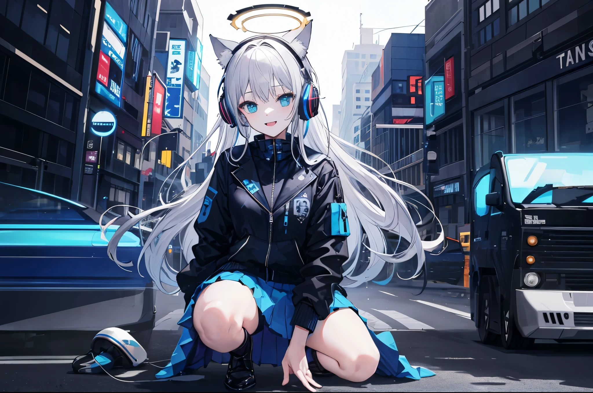 Full body like, ((Best quality at best)), ((tmasterpiece)), (Detailed pubic hair), s the perfect face, solo person, girls, Trendy style, Long silver-gray hair, Long hair shoulder length, Futuristic halo on head, (sat on the ground), Face the lens, (M open legs:1.1), futuristic clothing, Mechanical, ((Dark blue skirt with bright blue lace)), ((Black jacket with blue stripes)), JK skirt, With cat ear headphones on the head, ssmile, The background is the city street