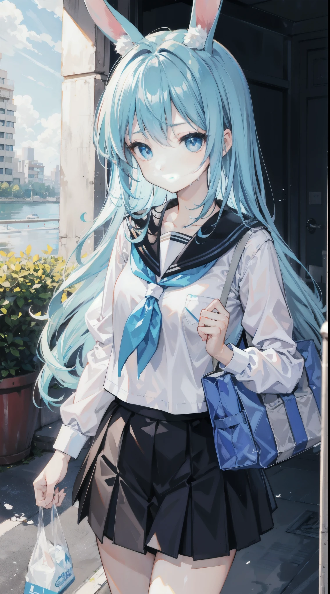 On a table,Best quality,ultra - detailed,two hands,Two legs,five fingers,best faces,1 girl,light blue long hair,timid,bunny ears,light blue eyes, Height 145 cm,small tit,bunny tail,a ,timid,a sailor suit,whitet-shirt,a black skirt,White socks,Holding a bag in his hand,The clothes are soaked with sweat,exhausted face,schools,walking down a road,Heat waves