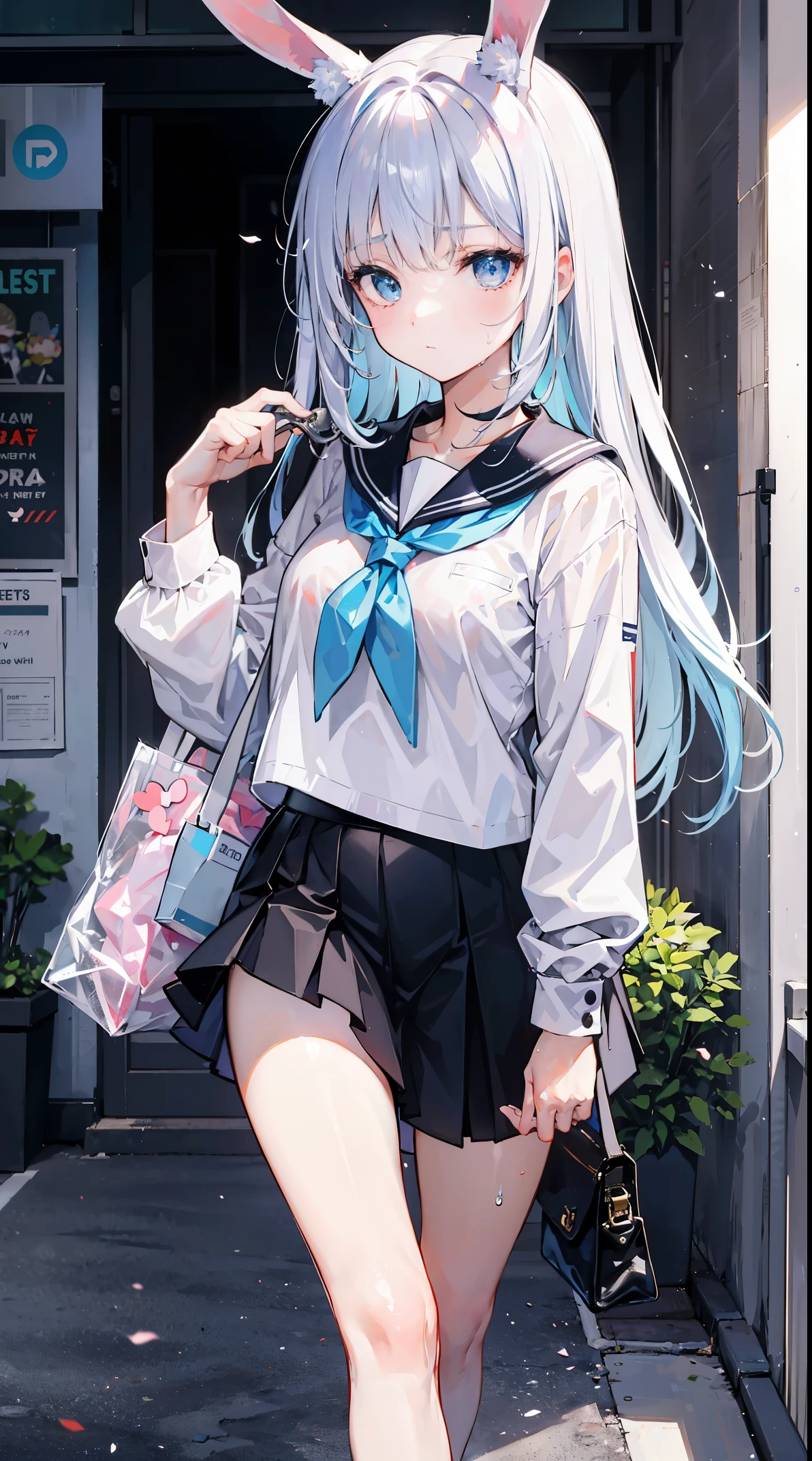 On a table,Best quality,ultra - detailed,two hands,Two legs,five fingers,best faces,1 girl,light blue long hair,timid,bunny ears,light blue eyes, Height 145 cm,small tit,bunny tail,a ,timid,a sailor suit,whitet-shirt,a black skirt,White socks,Holding a bag in his hand,The clothes are soaked with sweat,exhausted face,schools,walking down a road,Heat waves