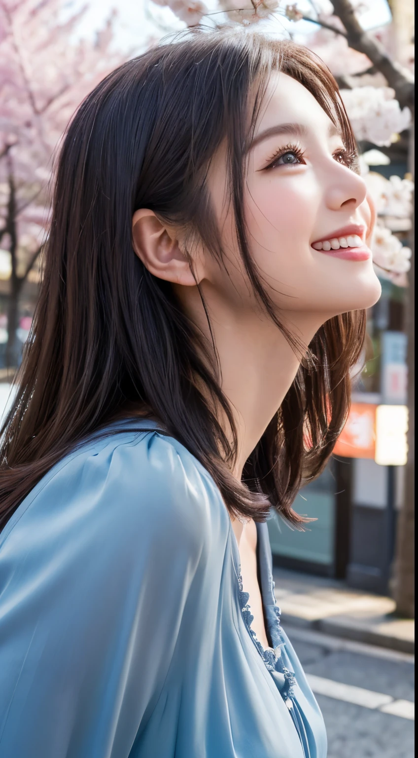 1girl, Extremely beautiful, amazing face and eyes, extremely detailed beautiful face, SLIGHTLY LONG CHIN), (Ultra realistic), (highly detailed eyes, highly detailed hair, highly detailed face, highly detailed plump lip, petite and curvy, posing slightly, upper and lower body, happy smile, profile shot, (best quality:1.4), Raw photo, (realistic, photo-realistic:1.37), professional photography, cinematic light, long dark wavy hair, looking up into the sky, in japan during the sakura season, cherry blossom petals falling, spring japan background, wearing a trendy silk blouse
