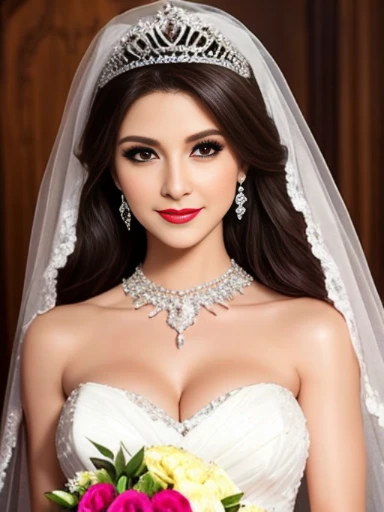 Lebanese lady, earrings, necklace, bracelets, diamonds, 40 years old, strapless wedding dress, tiara and veil, bouquet, western style wedding, bright colors, smokey eyes, red lips, glossy lips, cleavages, small chest, doll lashes, blushing, happy, eyeshadow, smiling