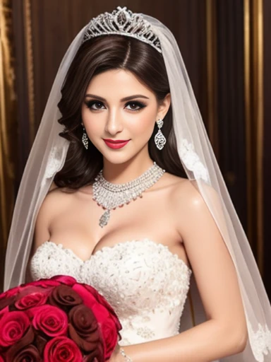 Lebanese lady, earrings, necklace, bracelets, diamonds, 40 years old, strapless wedding dress, tiara and veil, bouquet, western style wedding, bright colors, smokey eyes, red lips, glossy lips, cleavages, small chest, doll lashes, blushing, happy, eyeshadow, smiling