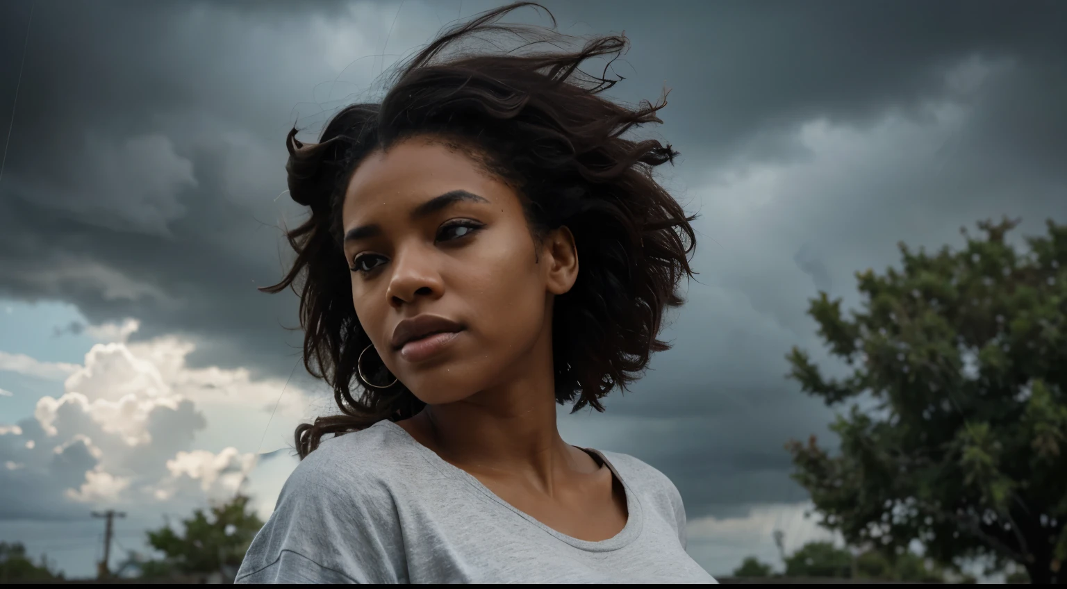 8k ultra realistic African American beautiful lady with big breasts and big butt, wearing a t-shirt and long jeans pants, standing under a tree during a storm. Her hair is windswept upwards and to the side as if being blown by a strong gust of wind, with some raindrops visible on her hair. The expression on her face is calm and composed, with a subtle confidence. She appears to be gazing slightly upwards. In the background, there’s a stormy sky with dark clouds, and rain can be seen falling in the distance, giving the image a dramatic atmosphere. The lighting on her face is soft, with a highlight on her cheekbones, nose, and collarbones, suggesting a light source in front of her, possibly symbolic of hope or resilience amidst the turbulent weather.