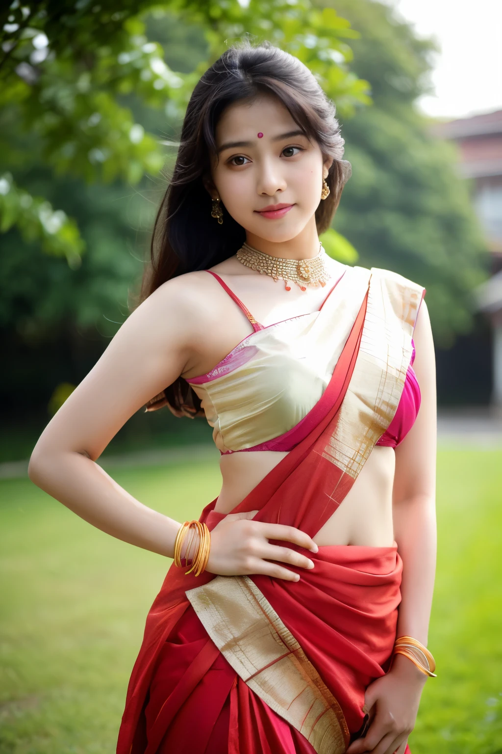 masutepiece,Best Quality,超A high resolution,Realistic skin, traditional indian dress,Asian Girl , fully curved body outdoor,Summer
