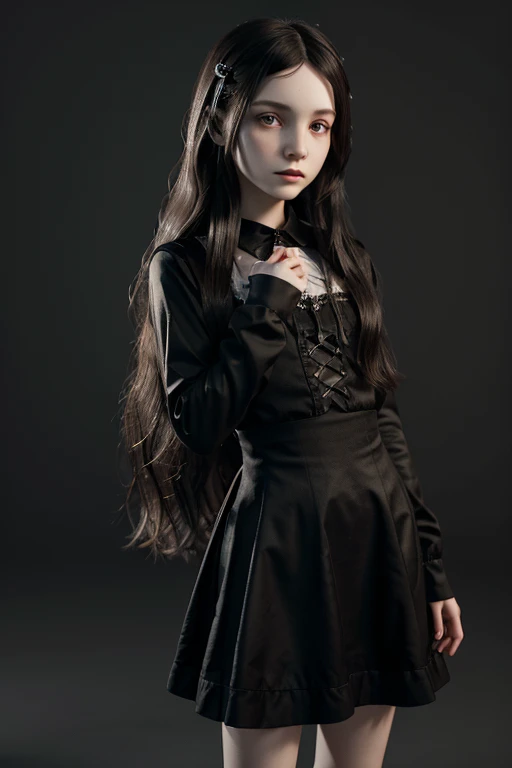 an 8 years old goth girl called Alice, she is cute, skinny, white pale skin, very long dark wavy hair. 3d Animation style, high resolution