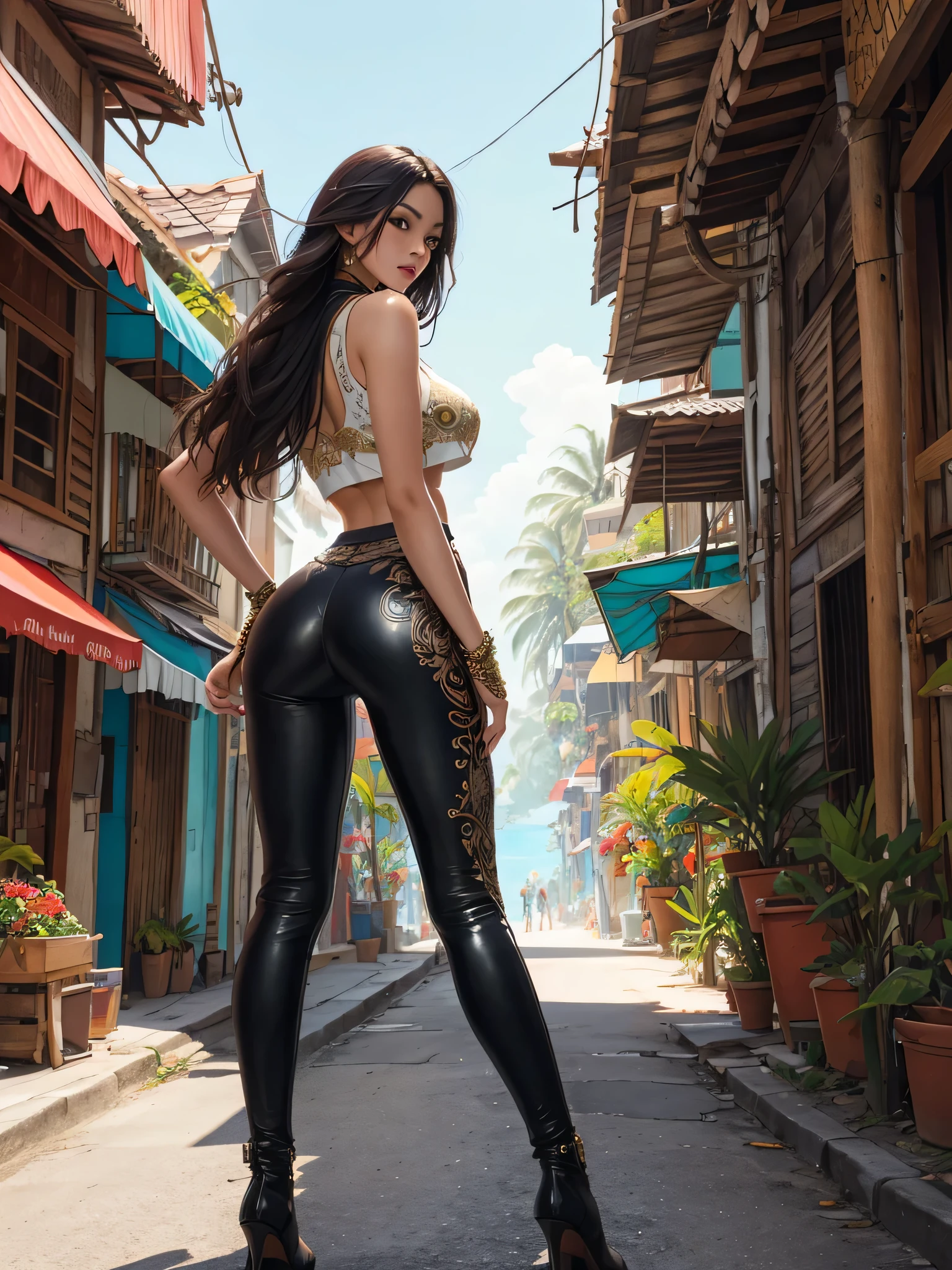 Fantasy art, a cute young woman, 独奏, Long hair, Rear view, Dense crop top, skinny leather pants, big breastes, Looking Back, busy tropical street, Masterpiece, intricate detials