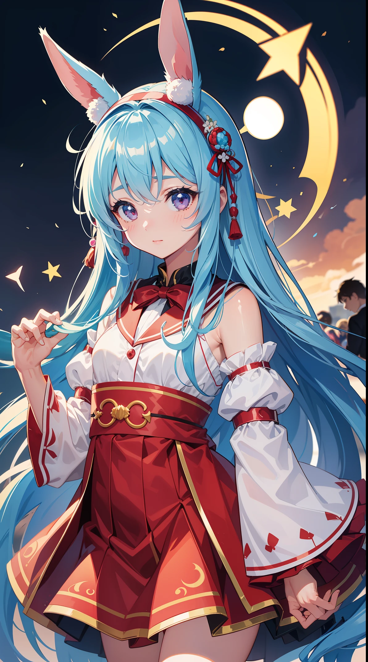 （High quality ultra-detailed CG art、Cultural festivals、Rabbit ear hairband：1.2）School Cultural festivallue hair、largeeyes、Cold、Cool beauty、1６Idade、Red blush、There is a problem with the eyes、double tails、、are small、Summer school uniform、