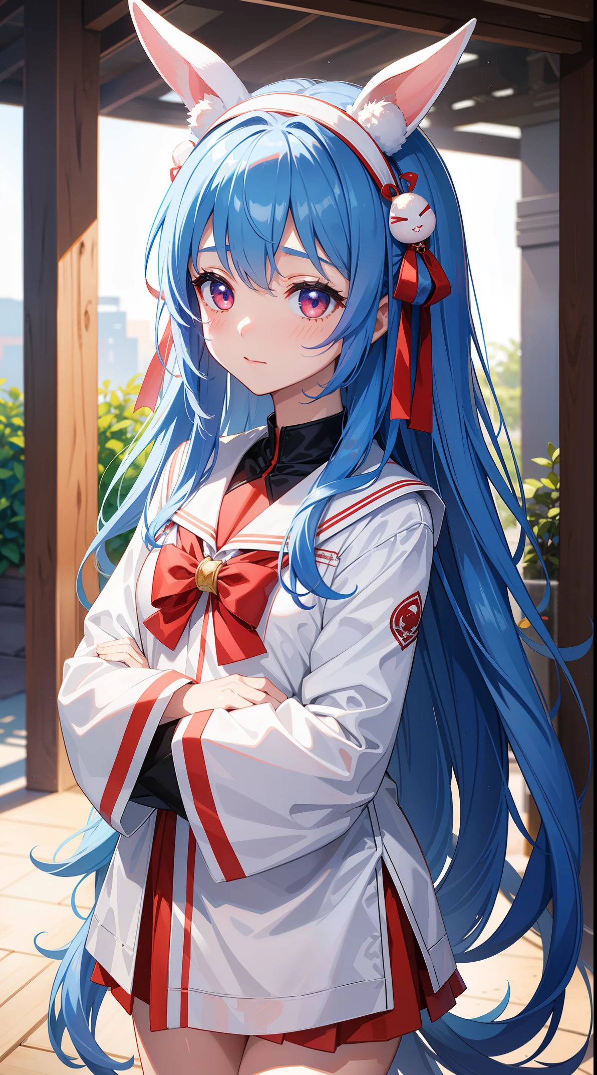 （High quality ultra-detailed CG art、Cultural festivals、Rabbit ear hairband：1.2）School Cultural festivallue hair、largeeyes、Cold、Cool beauty、1６Idade、Red blush、There is a problem with the eyes、double tails、、are small、Summer school uniform、