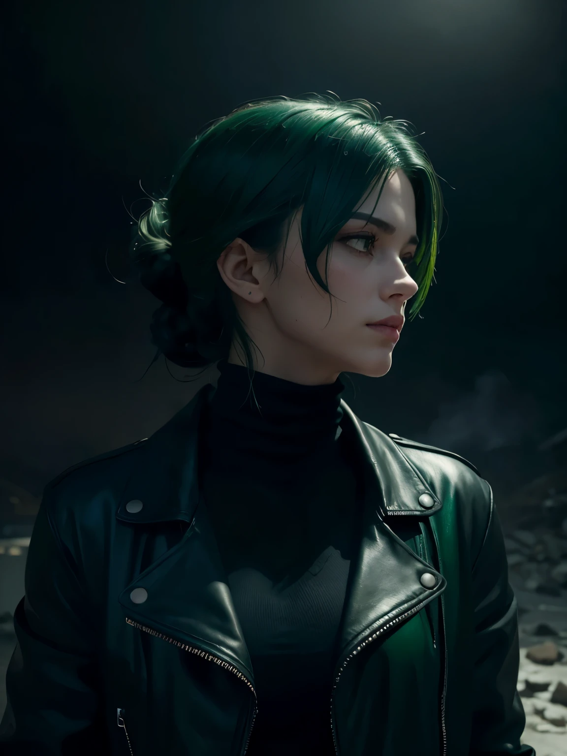 Viewed from a distance, viper, ((valorant)) alone in the town of silent hill done in a anime style, strange atmosphere, silent hill inspired, silent hill promotional image, visually alluring, clever use of liminal imagery, cold colors, muted colors, subject is wearing a black leather jacket, smokey makeup, makima styled eyes, profile picture worthy, cinematic scene, cinematography, cinematic angle, depth of field, foggy,matured woman, sharp jawline,narrowed eyebrows,full lips,detailed face,focused, dark green hair,bright green eyes,visible iris,warm sunlight glowing on face, turtleneck,diamond necklace, front side profile