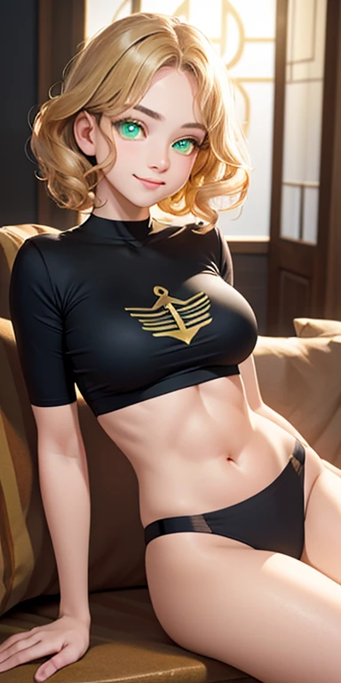 , short gold hair,curly hair,wavy hair, (photorealistic:1.4), (masterpiece, sidelights, exquisite beautiful eyes: 1.5), masterpieceportrait, realistic, 3D face,kawaii face,front view: 1.5、 (glowing green eyes:1.2),plump face:1.5,(tareme:1.5)、(sad smile:1.2),Rosy Mouth,Slim Body,abs, shiny hair, shiny skin: 1.5、large breasts:1.3,solo,(sit)、(cutout between underboob and crop top)、(charactor focus:1.5、portrait)、upper body,