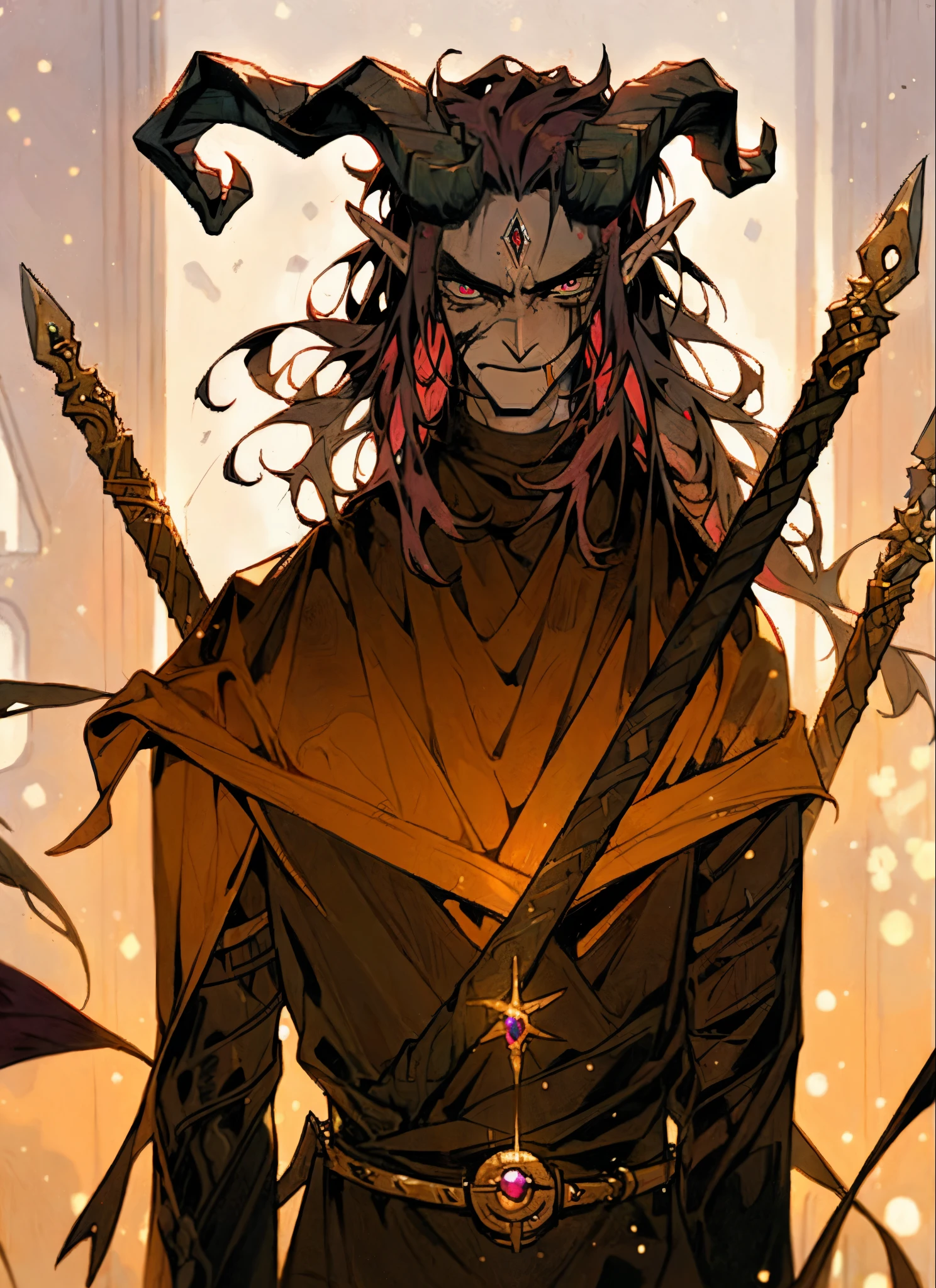 ((Masterpiece, best_quality)) Male elf warrior, long_messy_maroon_hair, black_demon_horns_extend_from_forehead_sweeping_backwards, sickly_green_narrow_eyes, pointy_ears, pale_white_skin_with_heavy_scaring, wearing_onyx_armour, wearing_gold_amulet_with_ruby_gem_in_center, standing_in_ancient_ruins_exploring, dark_environment, glaive_strapped_to_back, bokeh, upper_body,