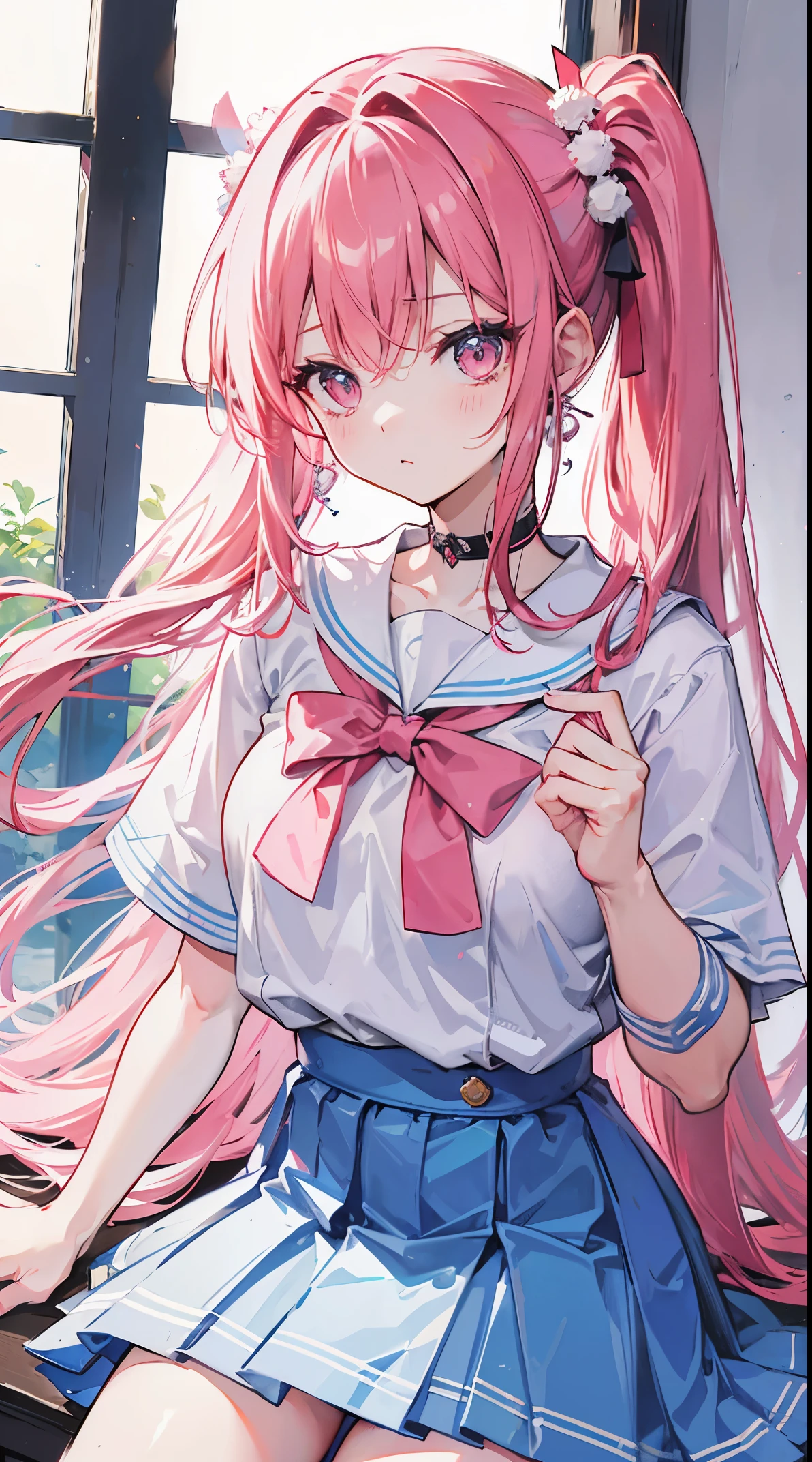 light blue long hair,deep red pink eyes,The hair is tied up with two pink hairbands,Short double ponytail,Qi bangs,There are two long hair curtains on both sides,Wearing a white sailor school uniform,grey short skirt,Iron earrings worn by bad girlangs pulled up with a hairpin,The sleeves are long,Fresh atmosphere,Warm color palette,The eyes have God,to emphasize,tmasterpiece,blush blush,Expressionless,Open your mouth slightly