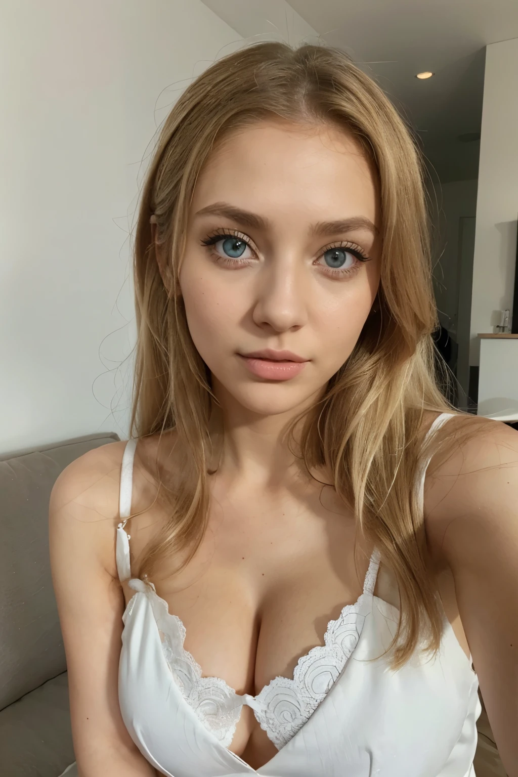 Oman gamergirl in a beautiful long white dress, Sexy girl with blue eyes, portrait sophie mudd, Portrait de Corinna Kopf, blonde hair and large eyes, Selfie einer jungen Frau, ohne Make-up, Natural makeup, Blick direkt in die Kamera, Gesicht mit Artgram, dezentes Make-up, Great full body photo, auf einer Bank, Blond, Latein