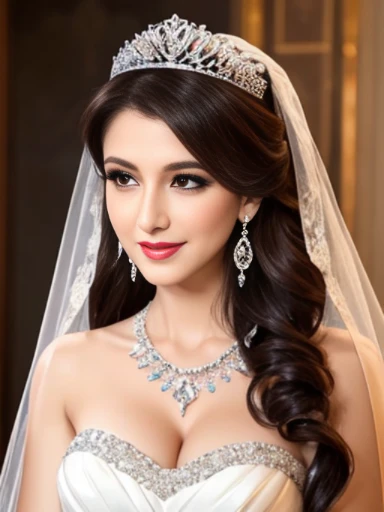 Lebanese lady, earrings, necklace, bracelets, diamonds, 40 years old, strapless wedding dress, tiara and veil, bouquet, western style wedding, bright colors, smokey eyes, red lips, glossy lips, cleavages, small chest, doll lashes, blushing, happy, eyeshadow, smiling