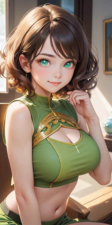 , short gold hair,curly hair,wavy hair, (photorealistic:1.4), (masterpiece, sidelights, exquisite beautiful eyes: 1.5), masterpieceportrait, realistic, 3D face,kawaii face,front view: 1.5、 (glowing green eyes:1.2),plump face:1.5,(tareme:1.5)、(sad smile:1.2),Rosy Mouth,Slim Body,abs, shiny hair, shiny skin: 1.5、large breasts:1.3,solo,(sit)、(cutout between underboob and crop top)、(charactor focus:1.5、portrait)、upper body,